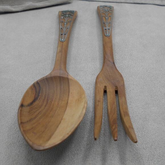 Wooden Salad Serving Fork and Spoon Set with Silver Embellishments Vintage MCM - Picture 6 of 7